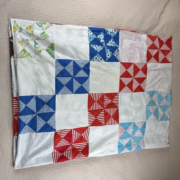 Unfinished Hand Stitched Patchwork Quilt Top 95" x 74" Americana Vtg Colorful - Picture 2 of 10